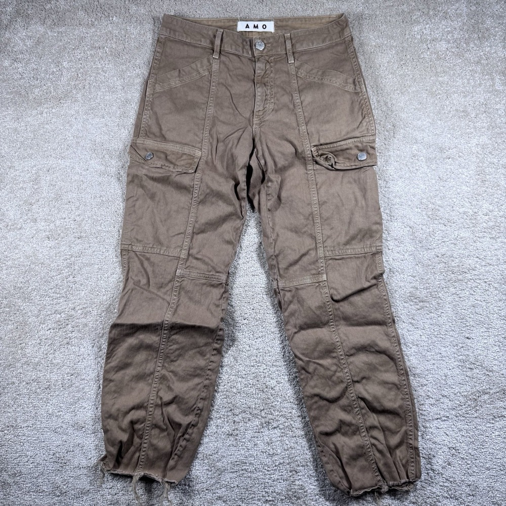 AMO Ellen Straight Cargo‎ Utility Casual Pockets Green Sz 26 Raw Edge Linen
